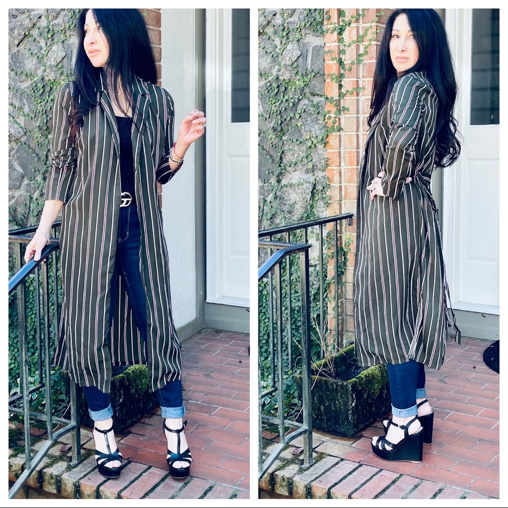 Fabulous Olive striped belted kimono jacket - Picture 2 of 10